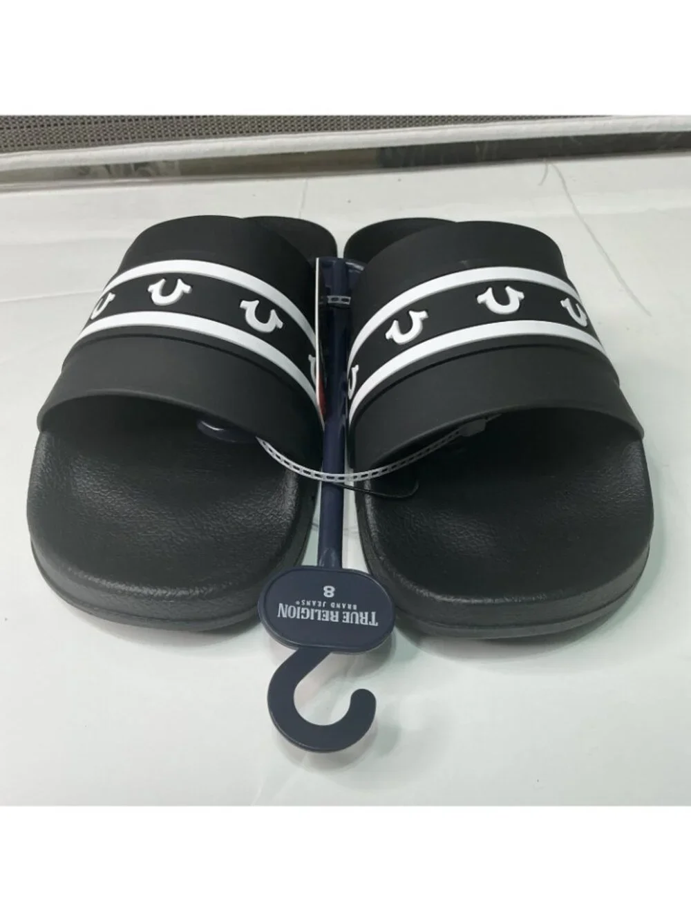 True Religion Men's Size 8 Style TR-Snoop -S Black & White Logo Slide Sandals